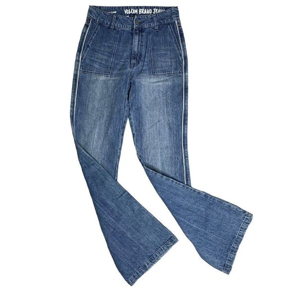 Volcom Wide Leg Flare Denim Jeans 7 Med Wash High Rise Button Zip Patch Pockets - Picture 1 of 5